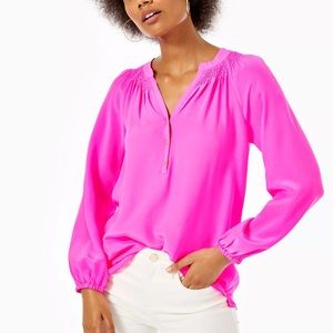 Lily Pulitzer Silk Top Elsa Hot Pink size Small long sleeve Smocked Neck